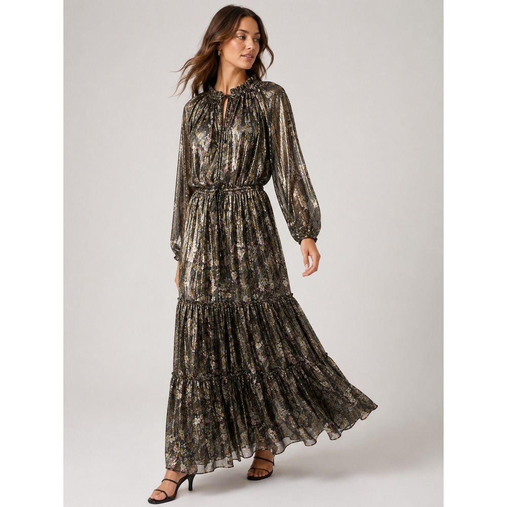 Altuzarra NWT Larissa Dress Black Floral Silk Lame Metallic Tiered Maxi Dress- 8